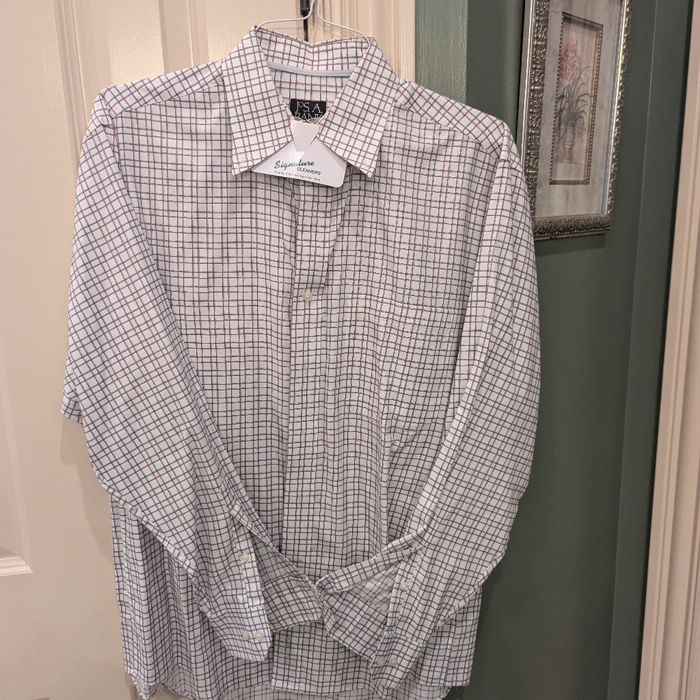 Jos. A. Bank White and Red Plaid Casual Button Down Shirt